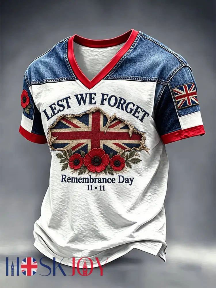 Men’s Remembrance Day Lest We Forget Print V-neck T-shirt - White / S