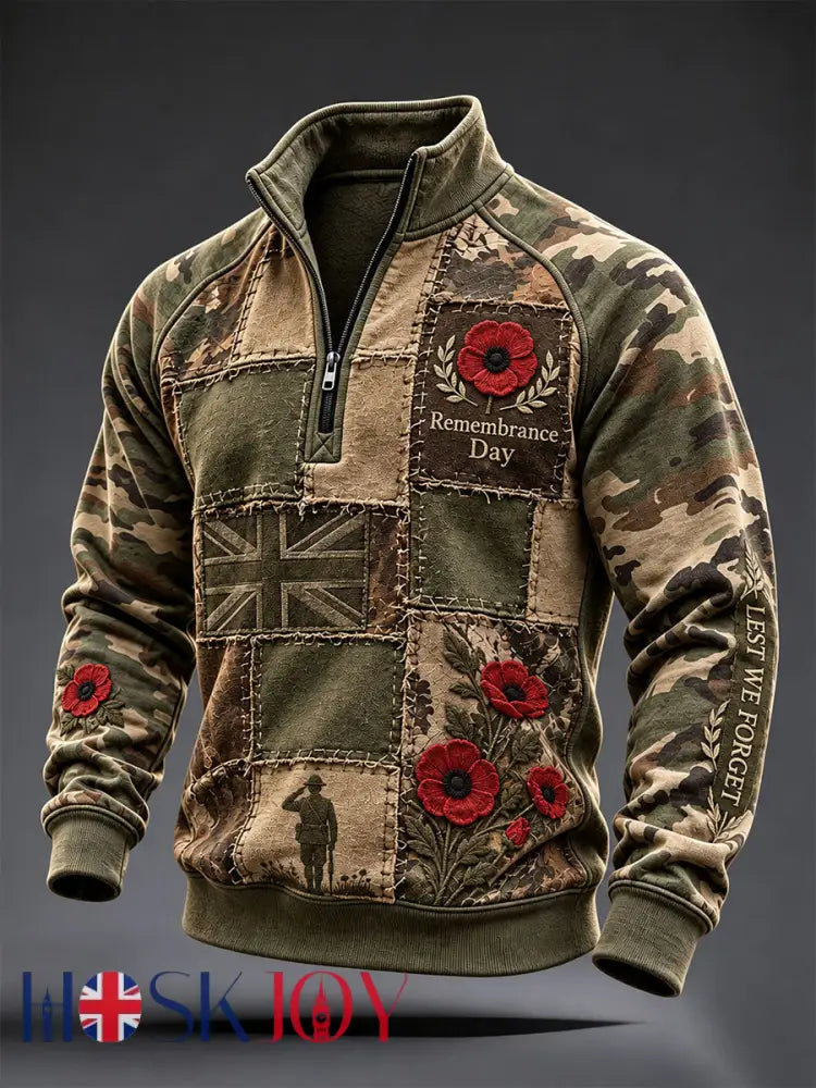 Men’s Remembrance Day Lest We Forget Print Zip-Up Hoodie - Army Green / S