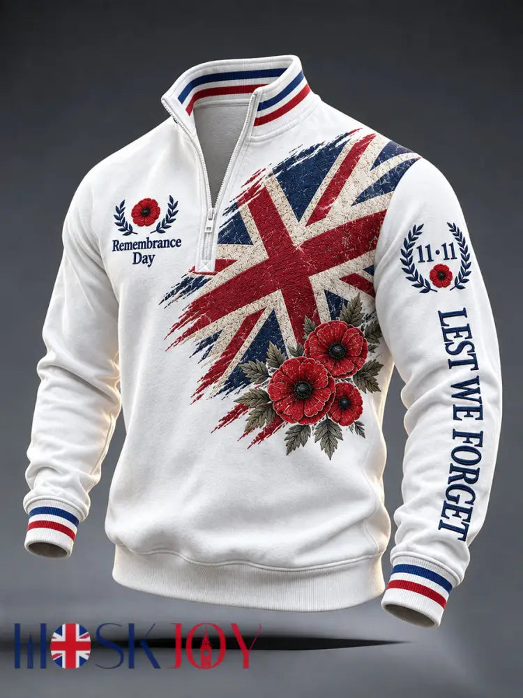 Men’s Remembrance Day Lest We Forget Print Zip-Up Hoodie - White / S