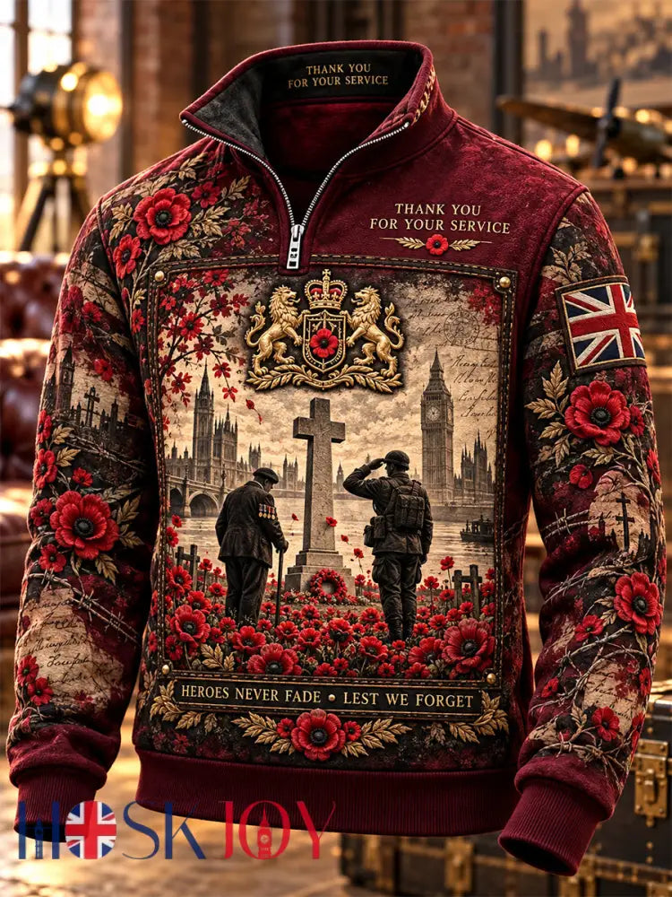 Men’s Remembrance Day Lest We Forget Print Zip-Up Hoodie - Wine Red / S
