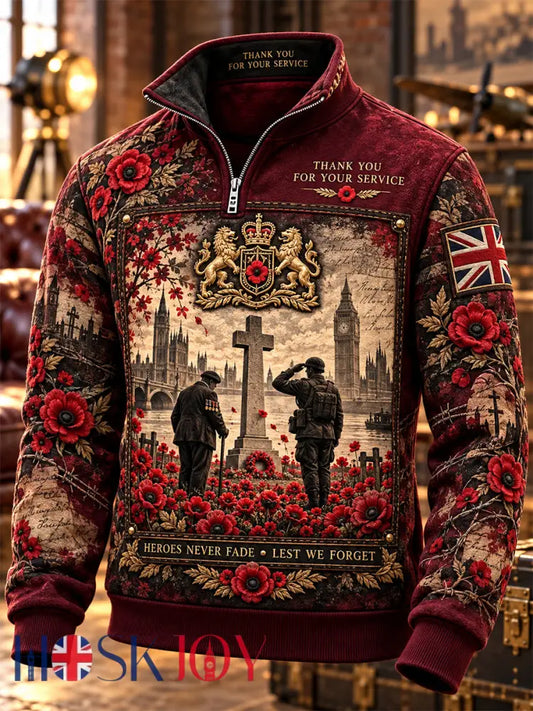 Men’s Remembrance Day Lest We Forget Print Zip-Up Hoodie - Wine Red / S