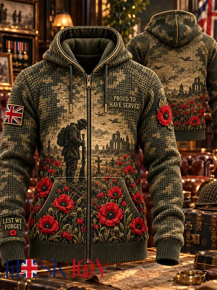 Men’s Remembrance Day Lest We Forget Print Zipper Jacket - Army Green / S