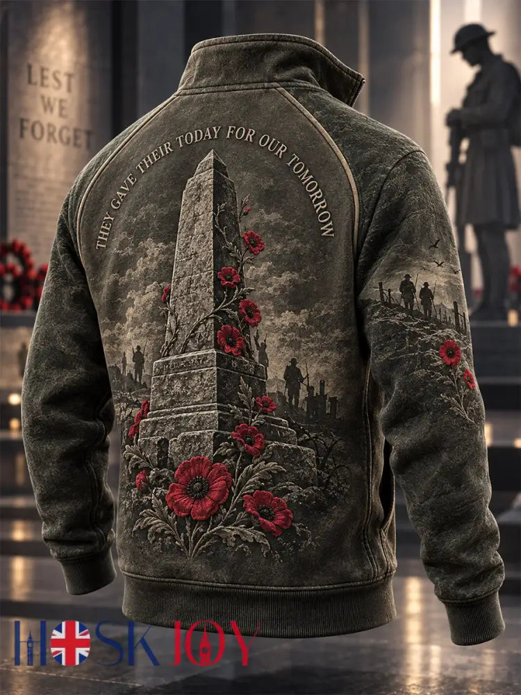 Men’s Remembrance Day Lest We Forget Stand-Up Collar Zip-Up Hoodie - Army Green / S