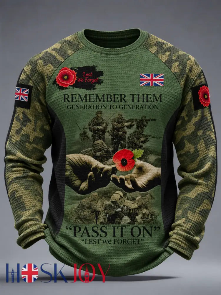 Men’s Remembrance Day Lest We Forget Waffle Long Sleeve T-Shirt - Army Green / S
