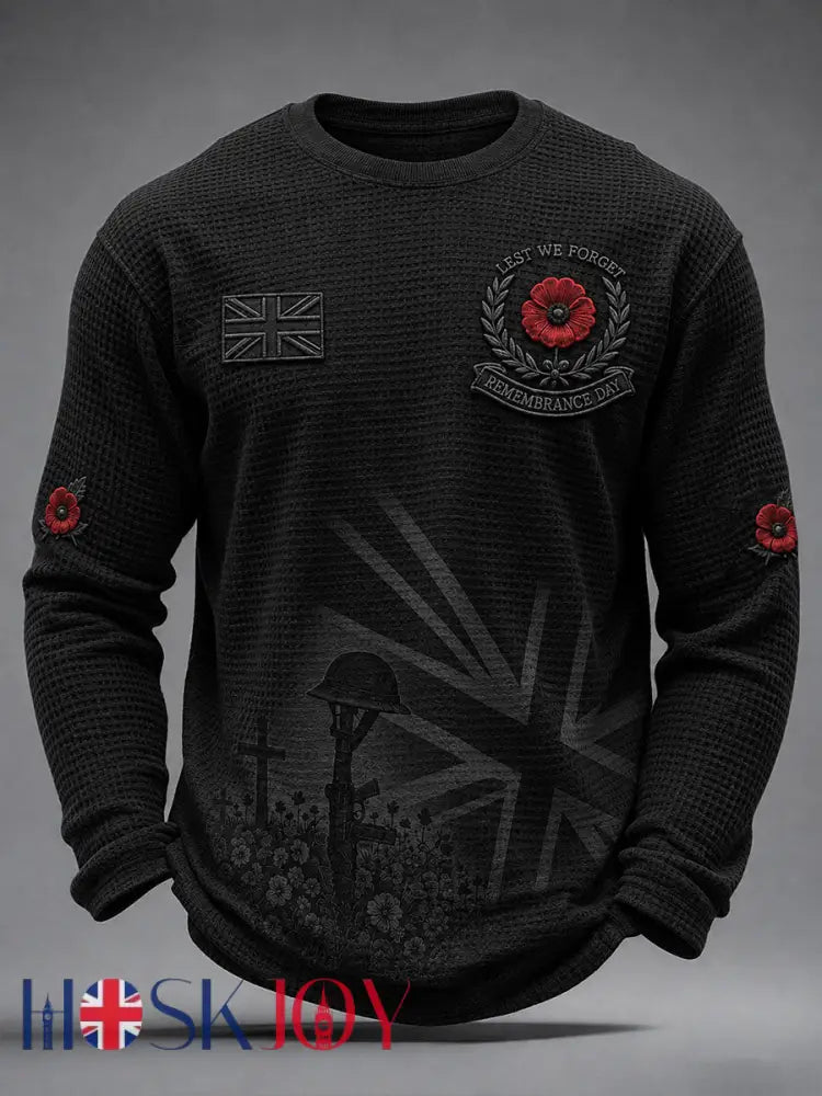 Men’s Remembrance Day Lest We Forget Waffle Long Sleeve T-Shirt - Black / S