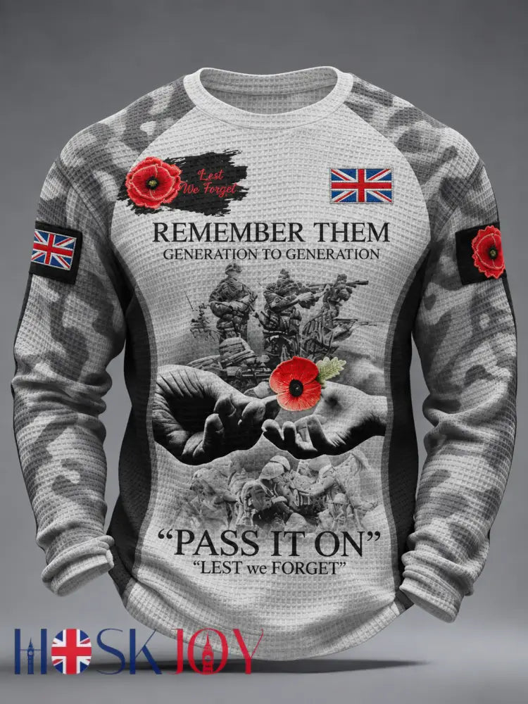 Men’s Remembrance Day Lest We Forget Waffle Long Sleeve T-Shirt - Gray / S