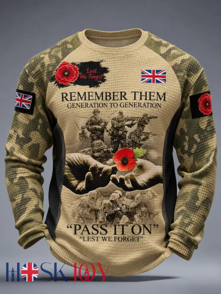 Men’s Remembrance Day Lest We Forget Waffle Long Sleeve T-Shirt - Khaki / S