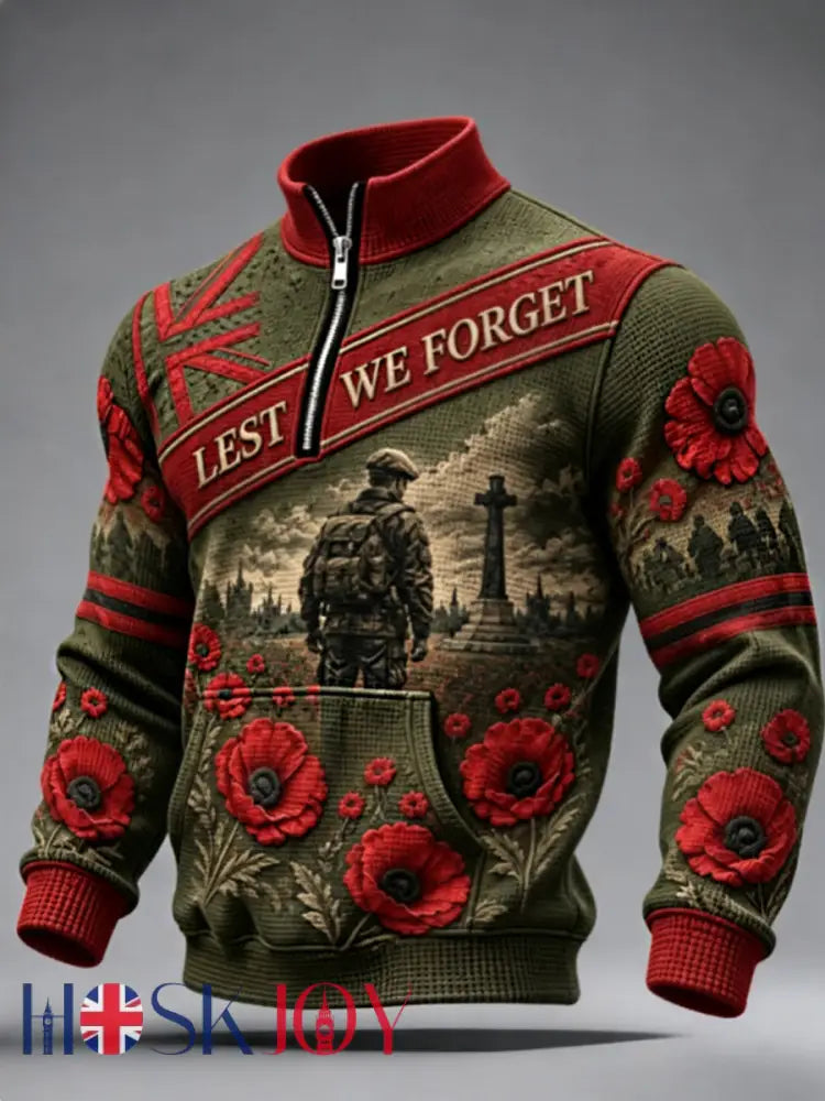 Men’s Remembrance Day Lest We Forget Zip-Up Hoodie - Army Green / S
