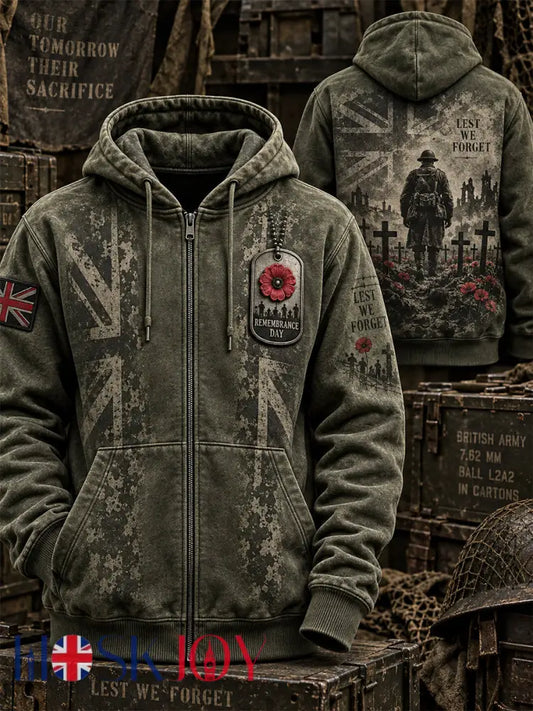 Men’s Remembrance Day Lest We Forget Zip-Up Hoodie - Army Green / S