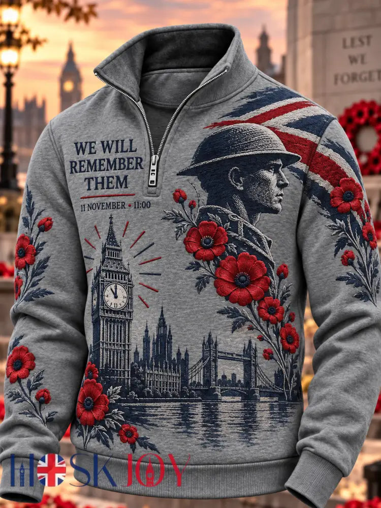 Men’s Remembrance Day Lest We Forget Zip-Up Hoodie - Gray / S