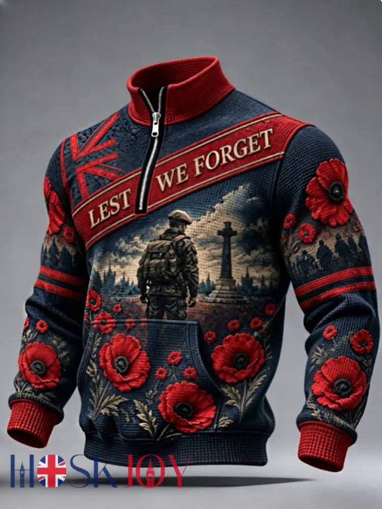 Men’s Remembrance Day Lest We Forget Zip-Up Hoodie - Navy Blue / S