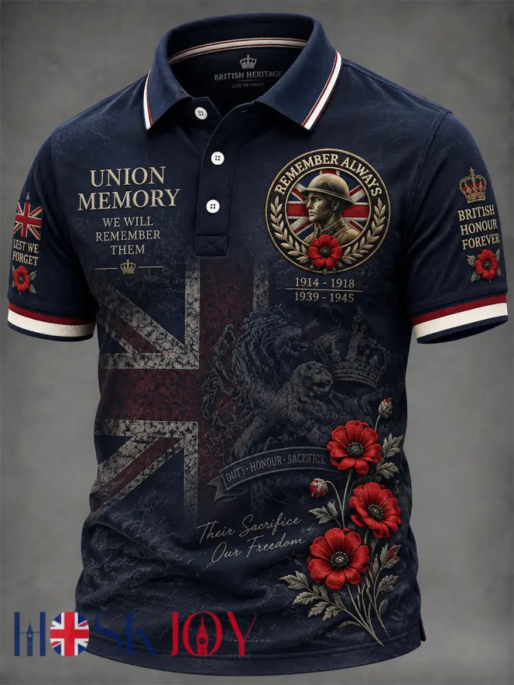 Men’s Remembrance Day Print Polo Shirt - Navy Blue / S