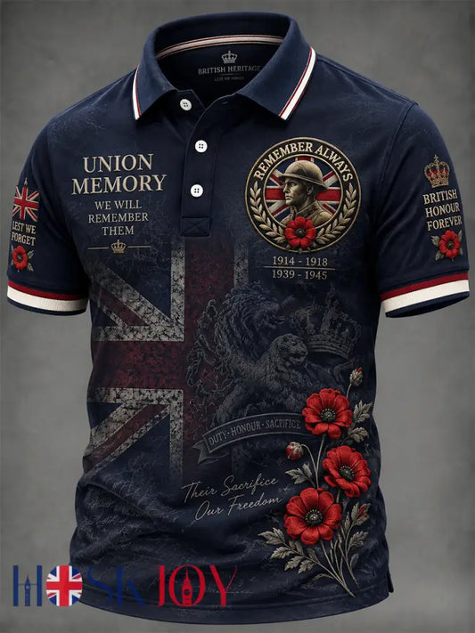 Men’s Remembrance Day Print Polo Shirt - Navy Blue / S