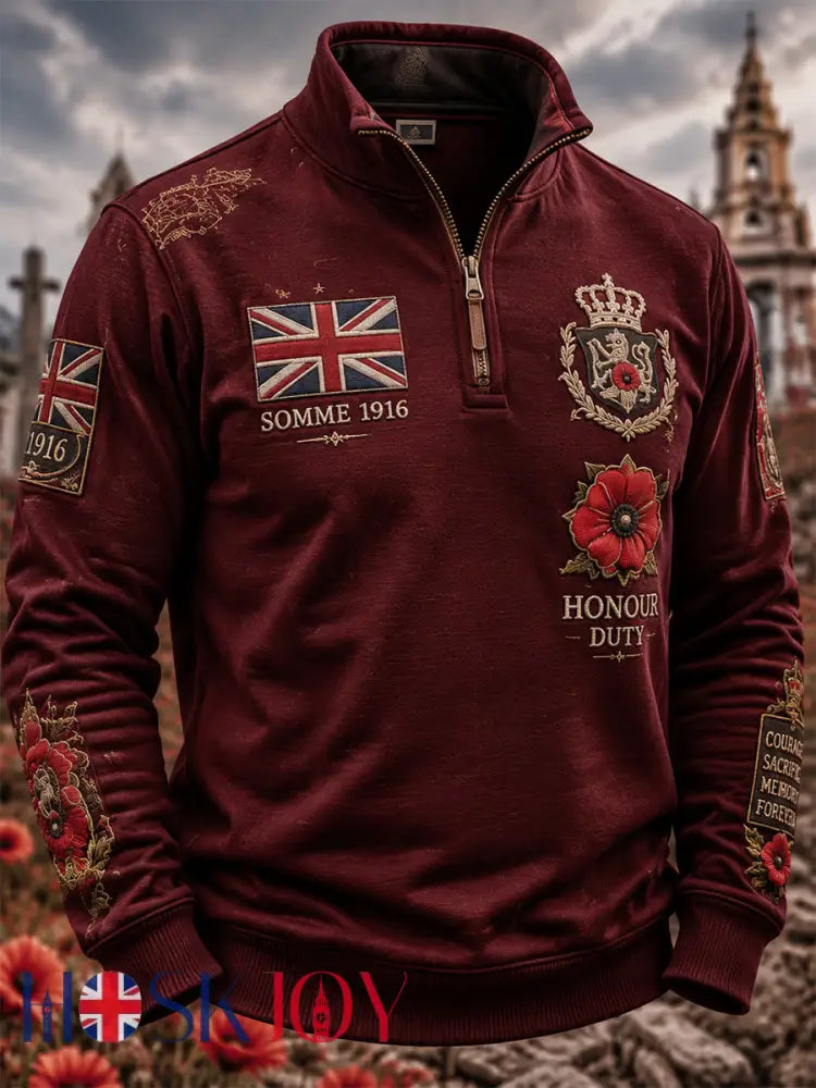 Men’s Remembrance Day THE SOMME 110 YEARS Print Half-Zip Sweatshirt - Wine Red / S