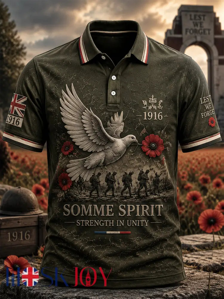 Men’s Remembrance Day THE SOMME 110 YEARS Print Polo Shirt - Army Green / S