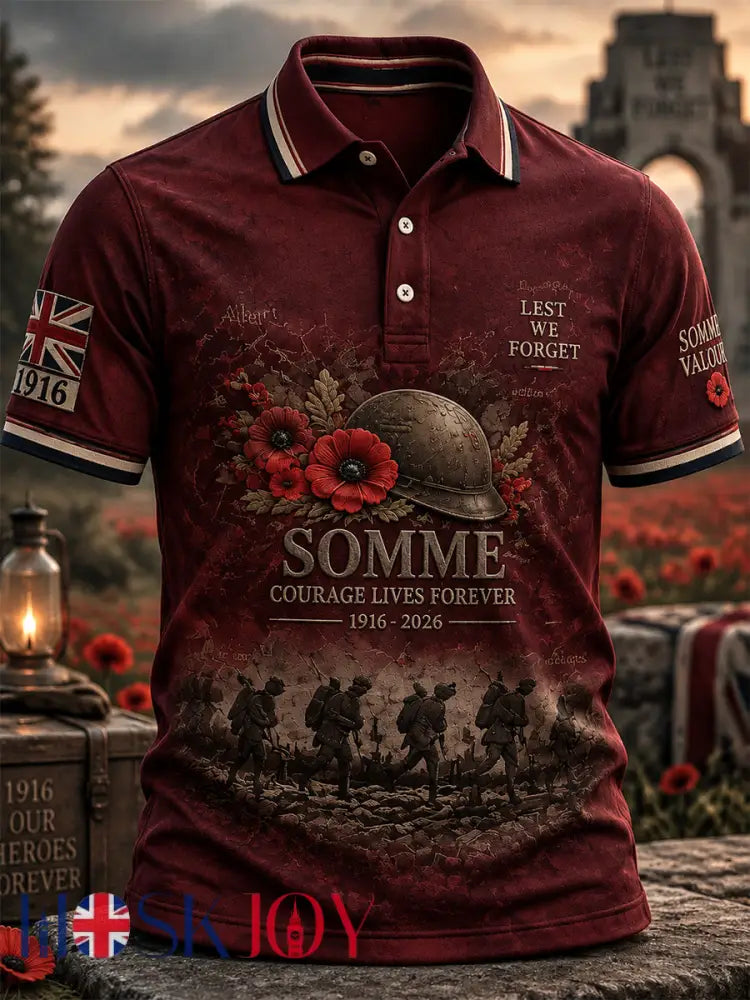 Men’s Remembrance Day THE SOMME 110 YEARS Print Polo Shirt - Wine Red / S