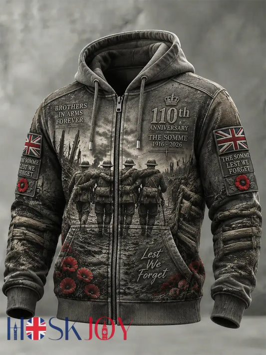 Men’s Remembrance Day THE SOMME 110 YEARS Print Zipper Hoodie - Gray / S
