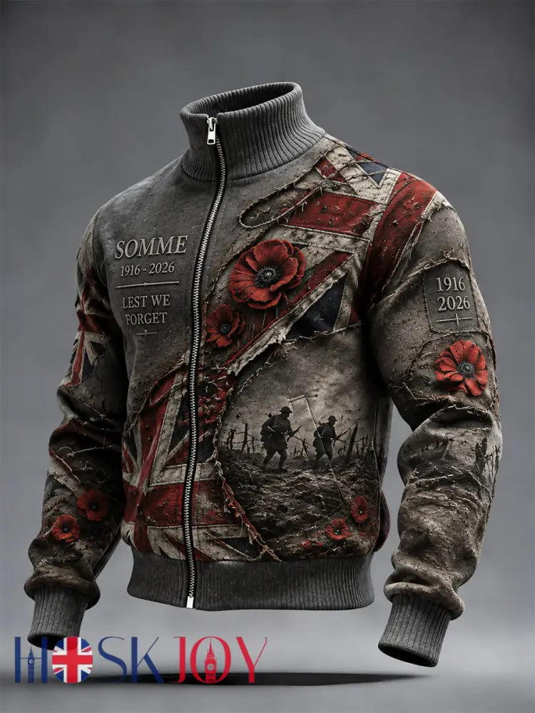 Men’s Remembrance Day THE SOMME 110 YEARS Print Zipper Jacket - Gray / S