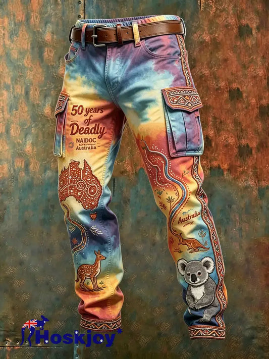 Men’s Retro Australian Art Print Vintage Business Casual Work Pants - A / S
