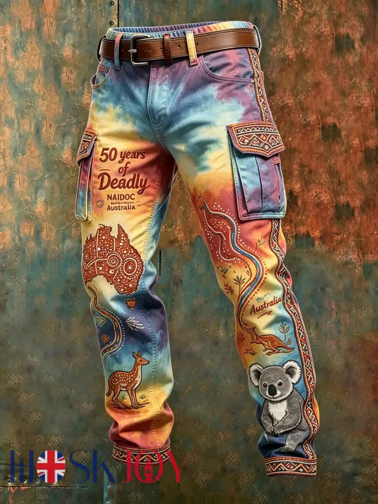 Men’s Retro Australian Art Print Vintage Business Casual Work Pants - A / S