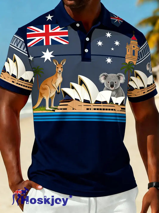 Men’s Retro Australian Flag Badge Casual Comfortable Short Sleeve Polo Shirt Navy Blue / S