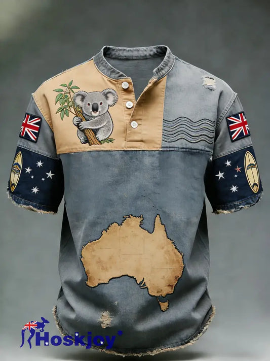 Men’s Retro Australian Flag Badge Patchwork Art Print Casual Short-Sleeve T-Shirt Blue / S