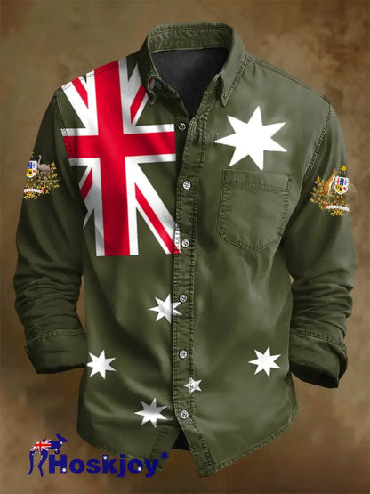 Men’s Retro Australian Flag Badge Print Casual Long Sleeve Pocket Shirt Army Green / S