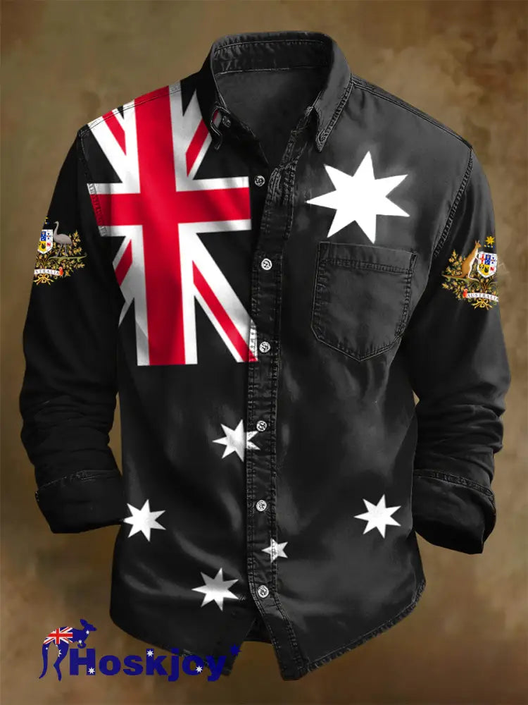 Men’s Retro Australian Flag Badge Print Casual Long Sleeve Pocket Shirt Black / S