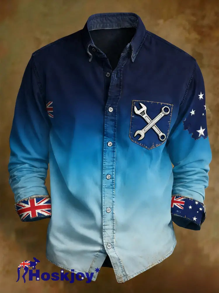 Men’s Retro Australian Flag Badge Print Casual Long Sleeve Pocket Shirt Blue / S