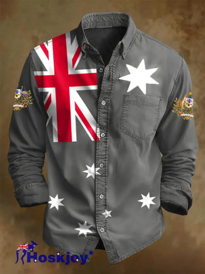 Men’s Retro Australian Flag Badge Print Casual Long Sleeve Pocket Shirt Gray / S