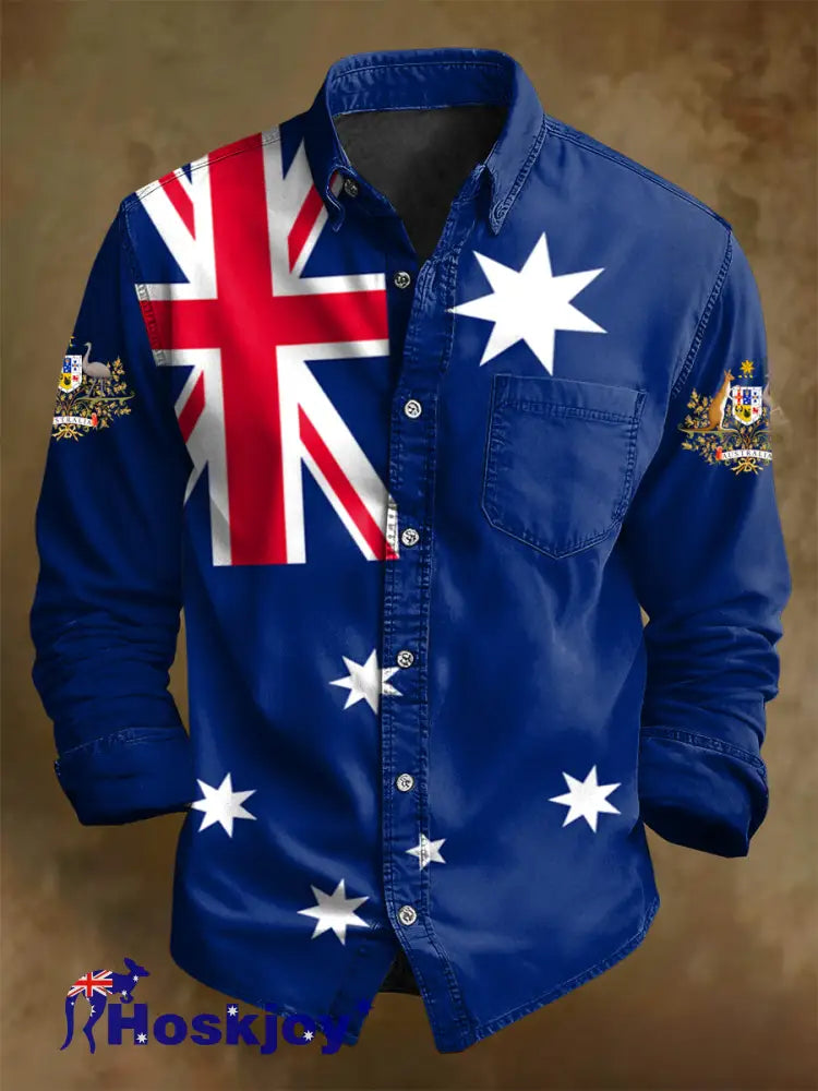 Men’s Retro Australian Flag Badge Print Casual Long Sleeve Pocket Shirt Navy Blue / S