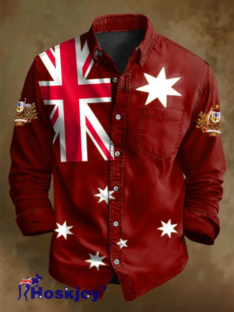 Men’s Retro Australian Flag Badge Print Casual Long Sleeve Pocket Shirt Wine Red / S