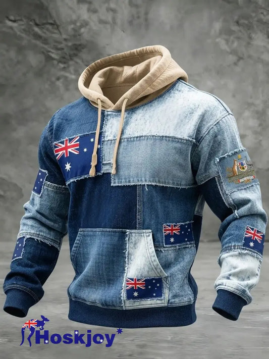 Men’s Retro Australian Flag Emblem Patchwork Long-Sleeve Hooded Sweatshirt Blue / S