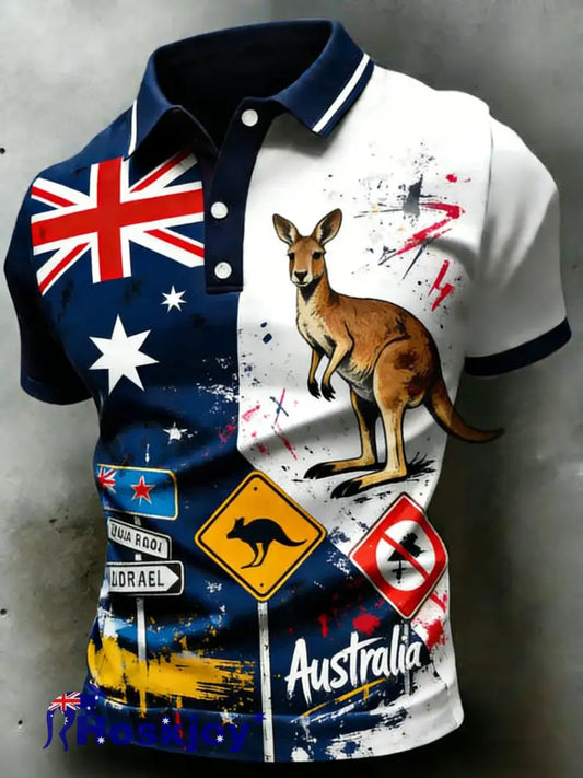 Men’s Retro Australian Flag Patch Patchwork Casual Comfortable Short Sleeve Polo Shirt Navy Blue / S
