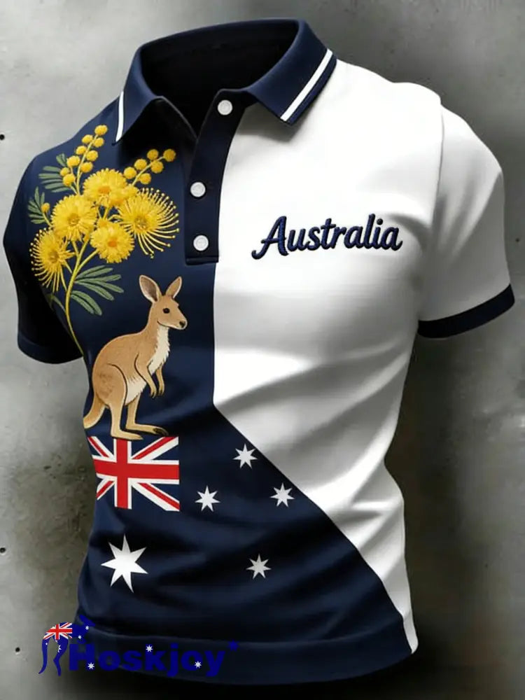 Men’s Retro Australian Flag Patch Patchwork Casual Comfortable Short Sleeve Polo Shirt Navy Blue / S