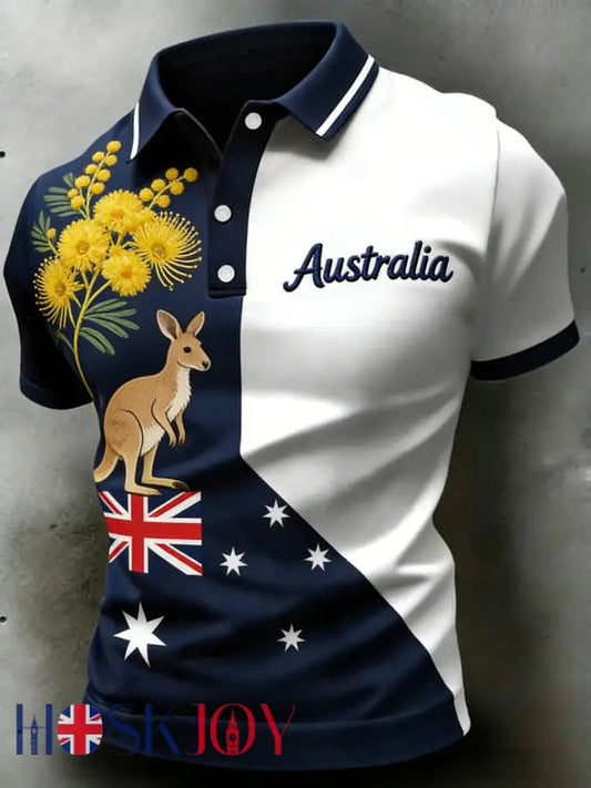 Men’s Retro Australian Flag Patch Patchwork Casual Comfortable Short Sleeve Polo Shirt Navy Blue / S