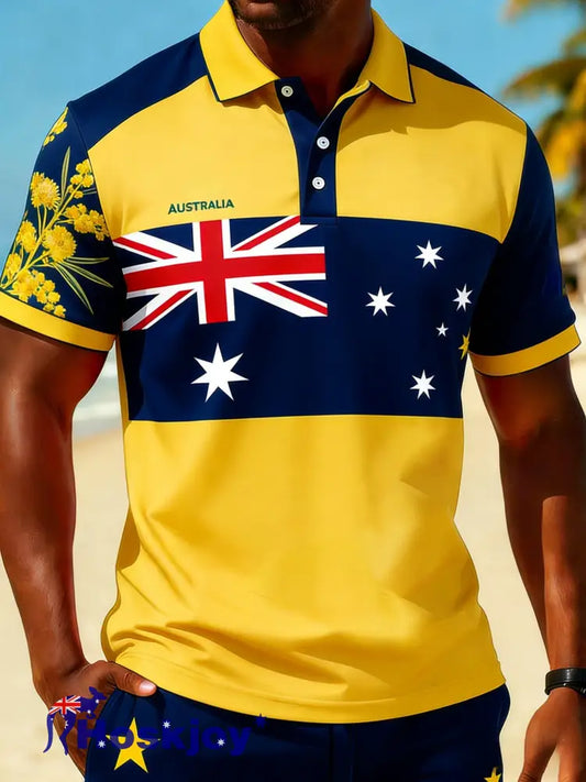 Men’s Retro Australian Flag Patch Patchwork Casual Short Sleeve T-Shirt Yellow / S