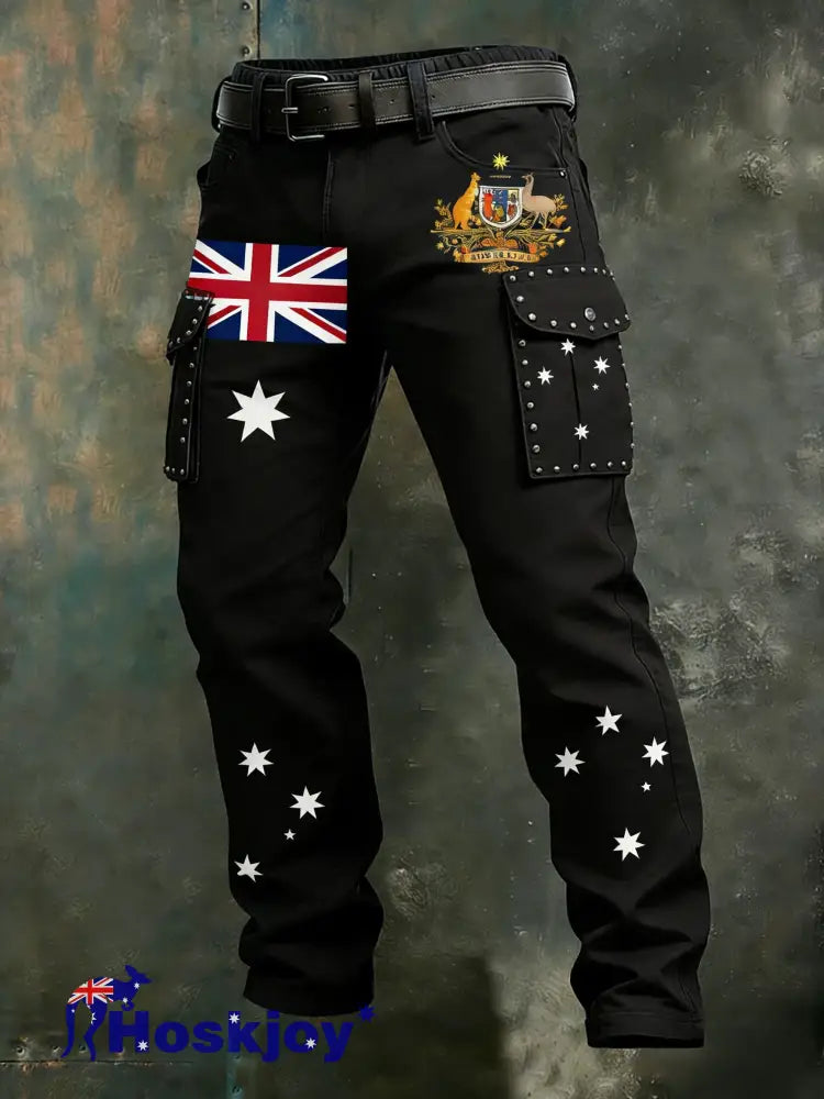 Men’s Retro Australian Flag Pin Business Style Casual Work Trousers Black / S