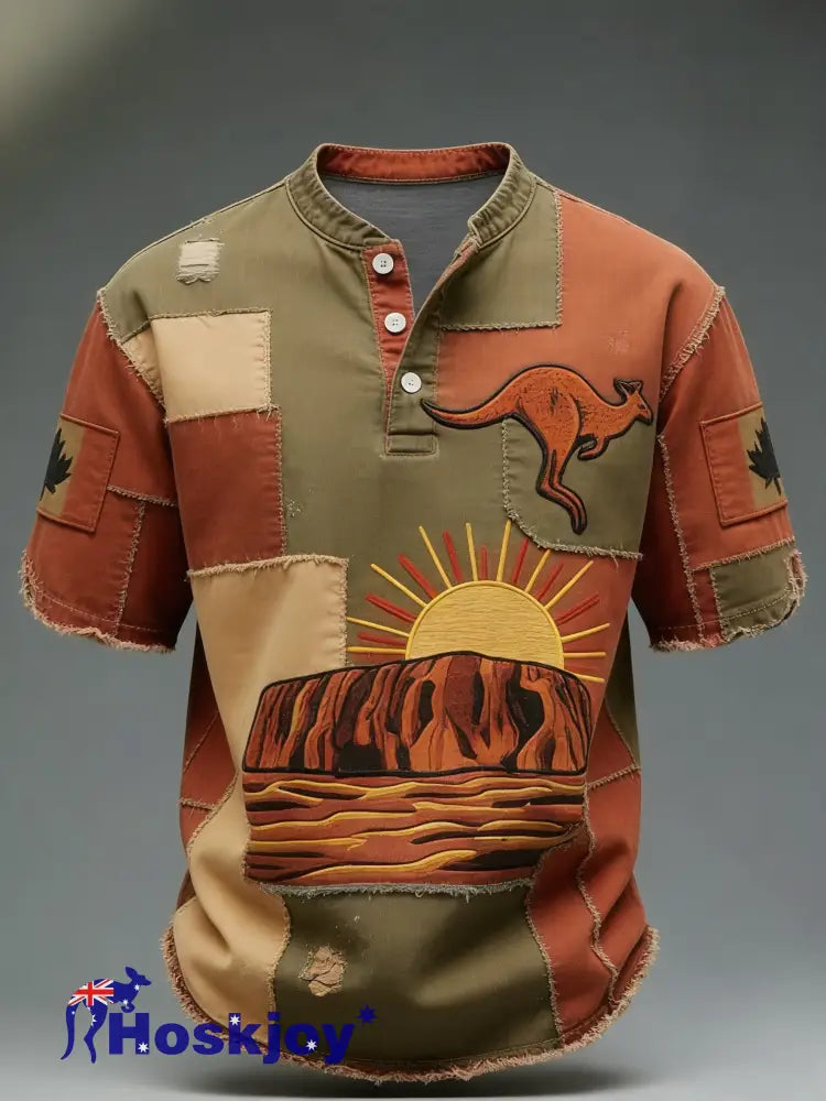 Men’s Retro Australian Tribal Art Print Casual Short-Sleeve T-Shirt Brown / S