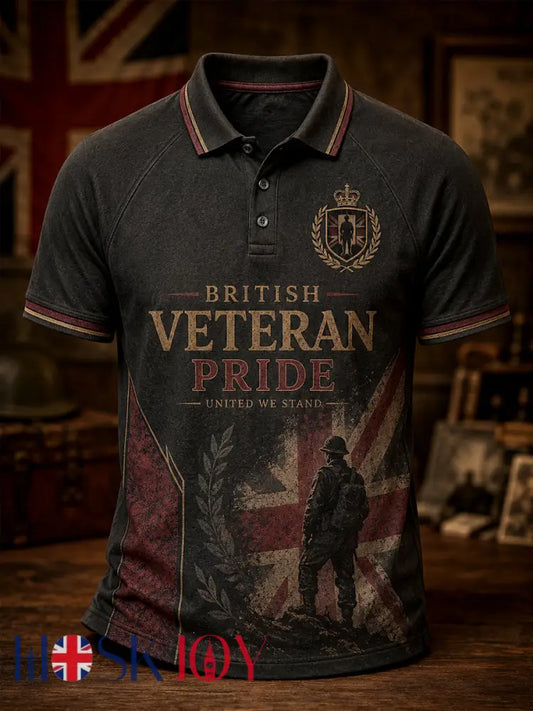 Men’s Retro British Veteran Print Casual Polo - Dark Grey / S
