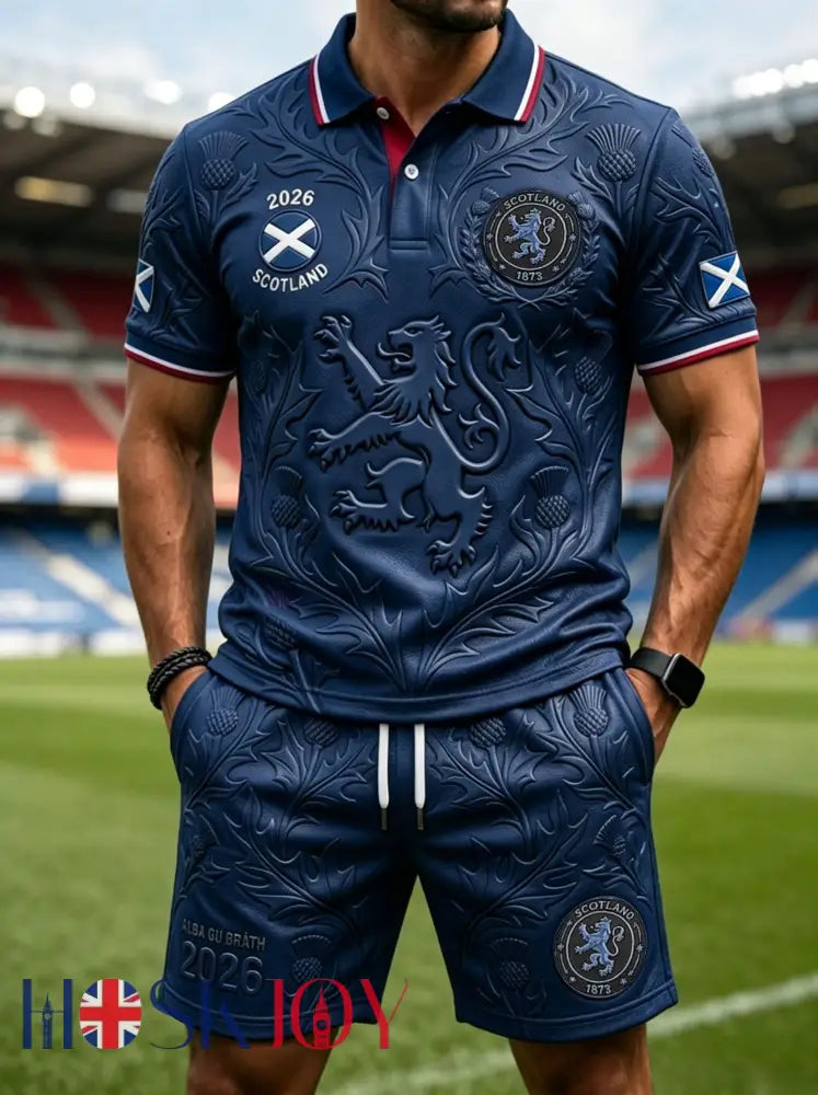 Men’s Retro UK Scotland Football Lover 2026 Print Casual Polo & Shorts Set - Blue / S