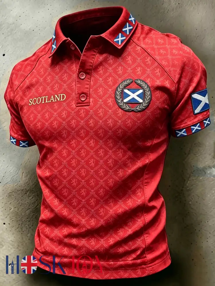 Men’s Scotland Printed three buttons shoulder sleeve - Red / S