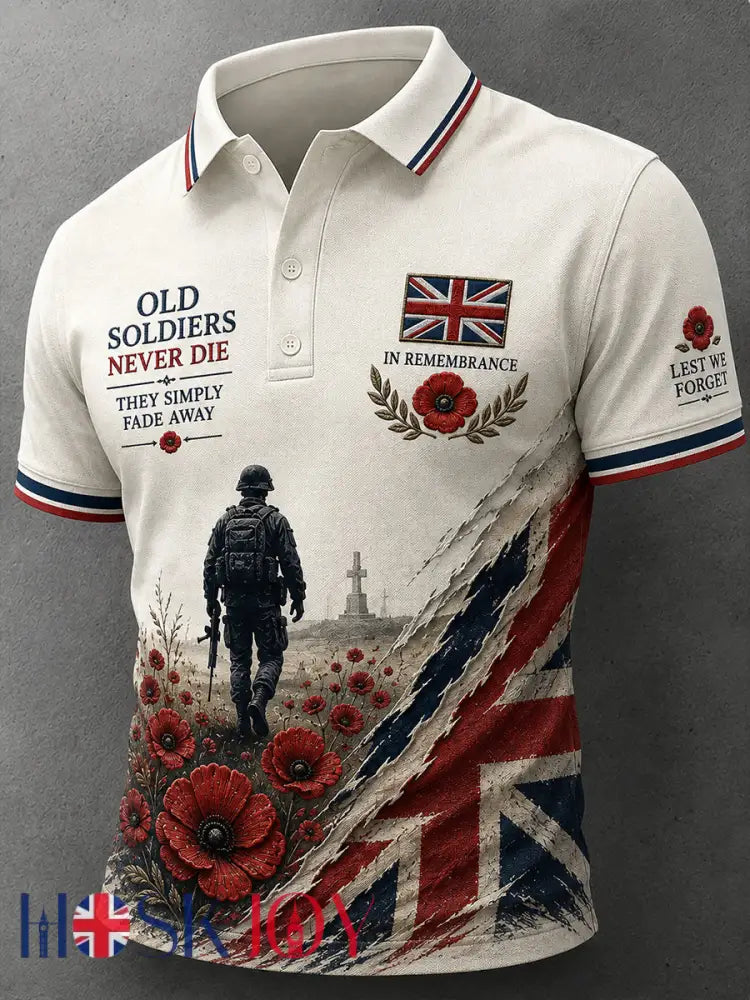 Men’s Short-Sleeve Polo Shirt with Vintage Military Veteran Commemorative Print - A / S