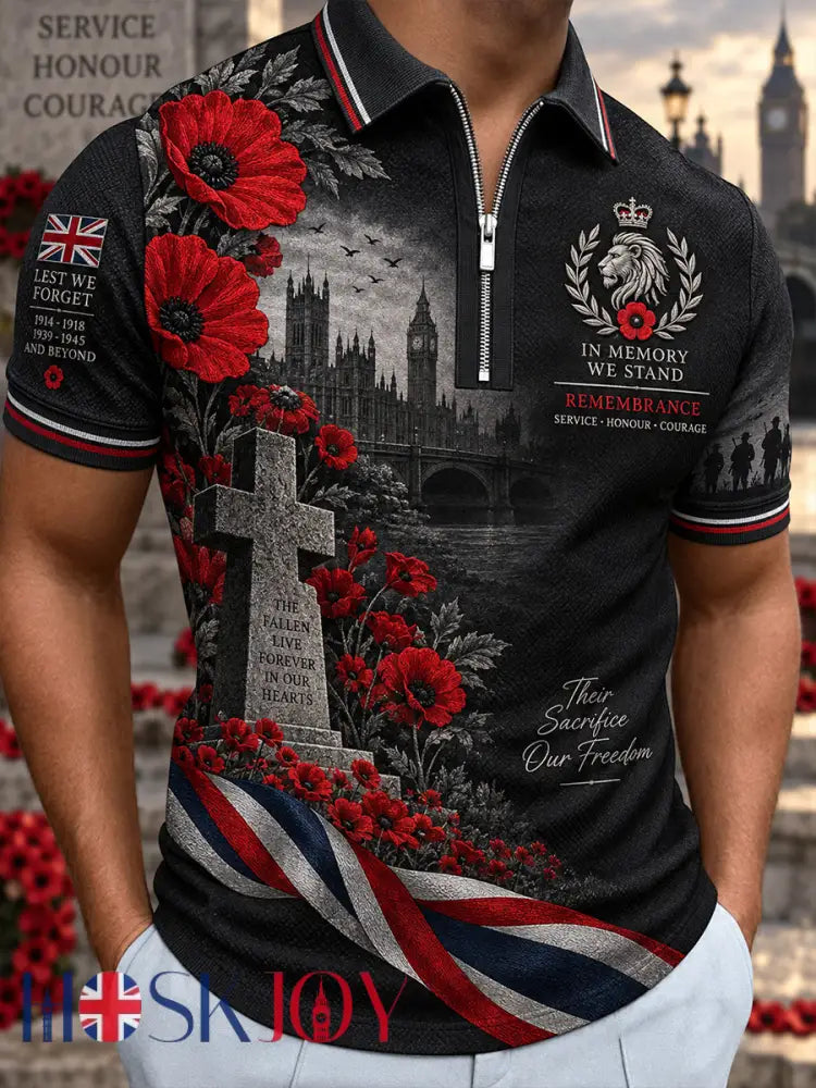 Men’s Short-Sleeve Zip-Front Polo Shirt With Remembrance Day Themed Print - A / S