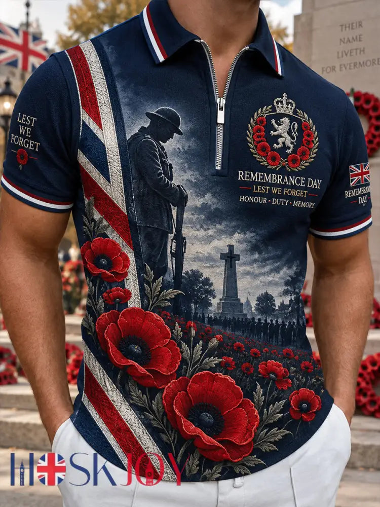 Men’s Short-Sleeve Zip-Front Polo Shirt With Remembrance Day Themed Print - A / S