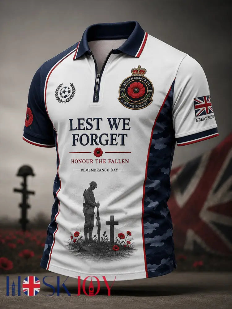 Men’s Short-Sleeve Zip-Front Polo Shirt With Remembrance Day Themed Print - A / S