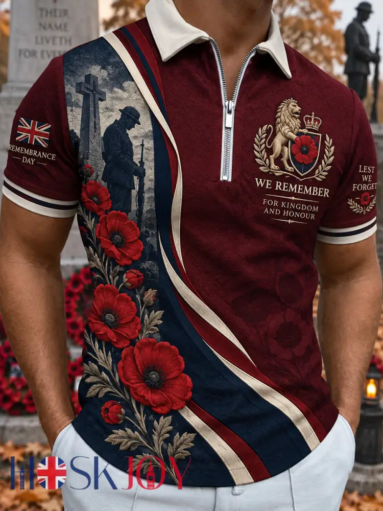 Men’s Short-Sleeve Zip-Front Polo Shirt With Remembrance Day Themed Print - A / S