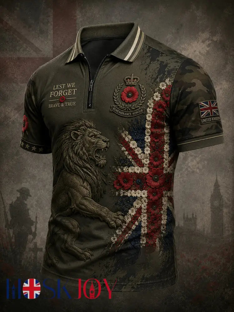 Men’s Short-Sleeve Zip-Front Polo Shirt With Remembrance Day Themed Print - A / S