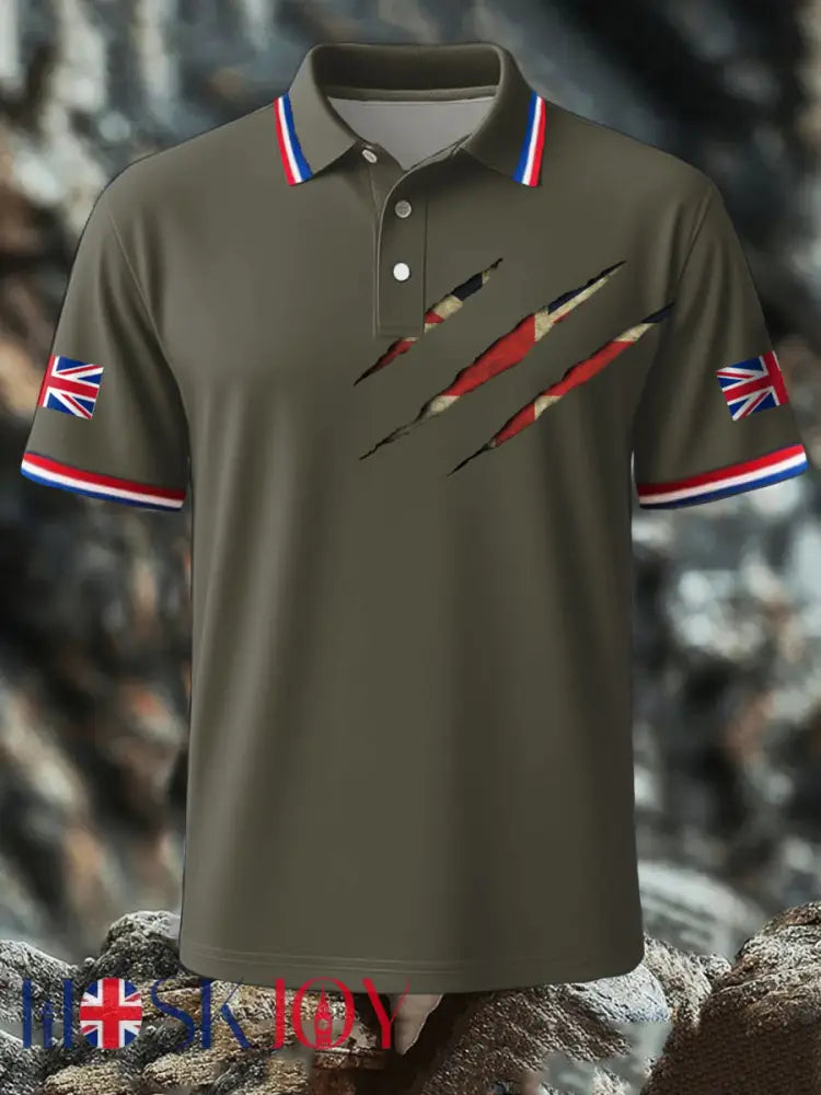 Men’s UK Flag Printed Polo Shirt - Army Green / S