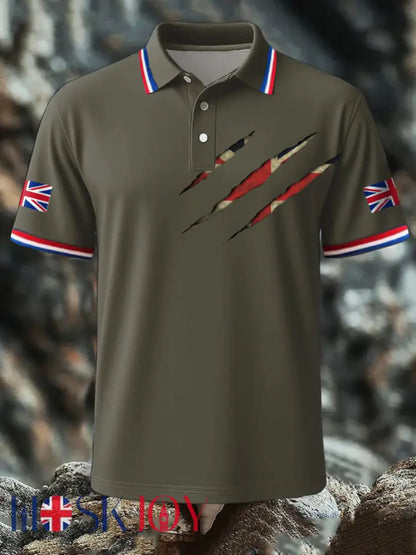 Men’s UK Flag Printed Polo Shirt - Army Green / S